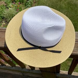 New MB Krauss Fedora Panama Tan White Colorblock Straw Beach Sun Hat